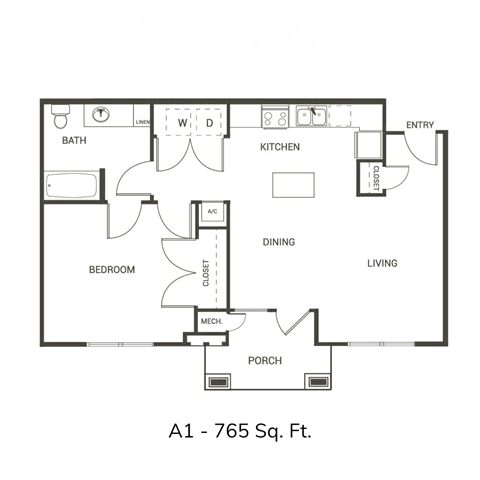 Floor plan for 1 bed, 1 bath, 824 sqft